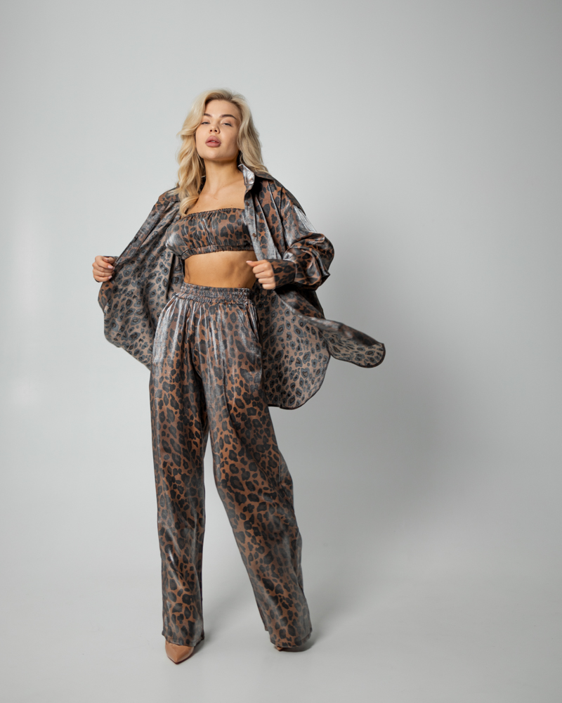 Пижамный костюм-тройка Leopard (рубашка+топ+штаны) полированный штапель Коричневый - фото 3