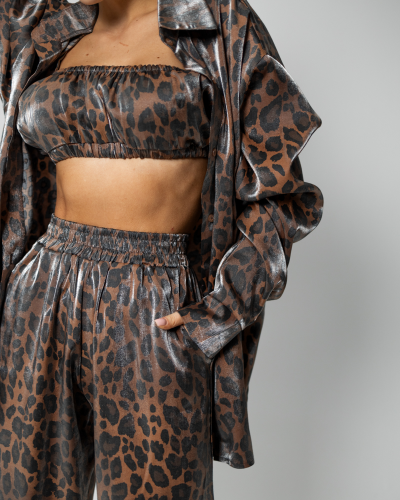 Пижамный костюм-тройка Leopard (рубашка+топ+штаны) полированный штапель Коричневый - фото 2