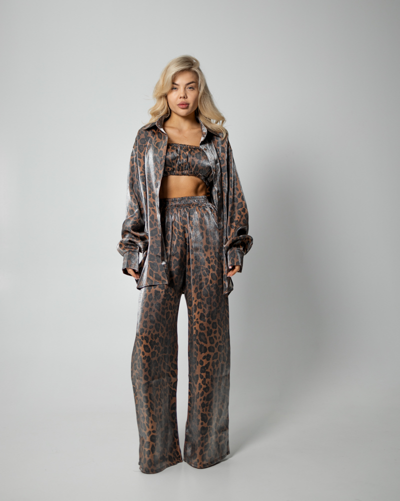 Пижамный костюм-тройка Leopard (рубашка+топ+штаны) полированный штапель Коричневый - фото 6