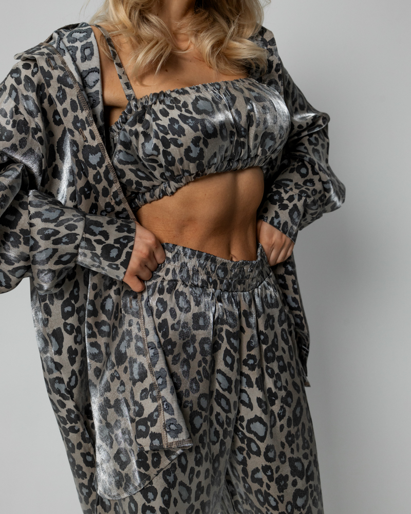Пижамный костюм-тройка Leopard (рубашка+топ+штаны) полированный штапель Серый - фото 2