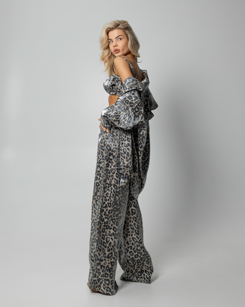 Пижамный костюм-тройка Leopard (рубашка+топ+штаны) полированный штапель Серый - фото 3